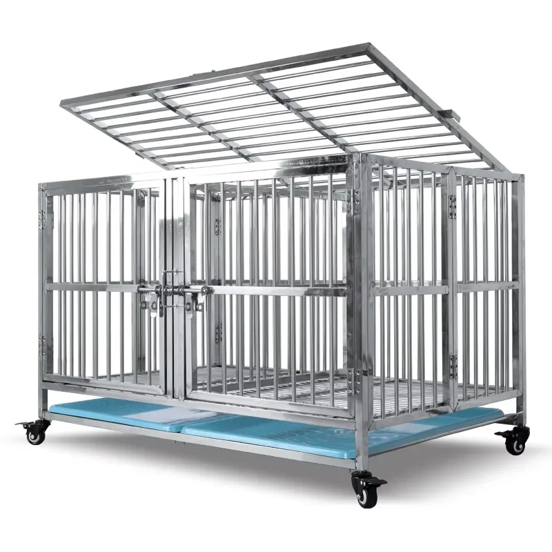 

2026 36 Inch Stainless Steel Dog Cage Heavy Duty Double Door with Wheels Divider Removable Tray for Large Dogs Indoor Outdoor`