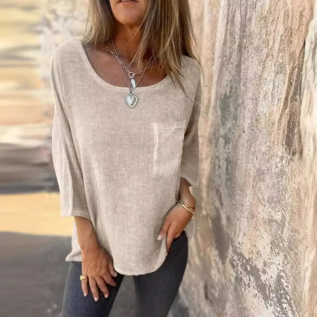 

Women's Casual Cotton Linen T-Shirt round Neck with Pocket Independent Station Theme Fashionable Top for Spring/Autumn