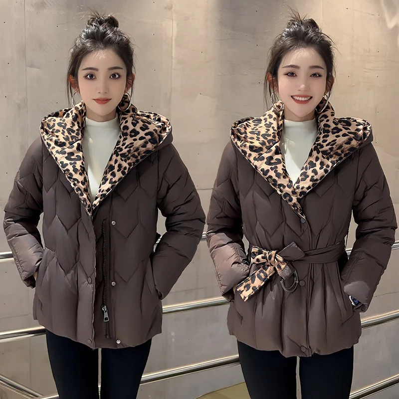 

Winter Down Cotton Jacket Women Parkas 2025 New Fashion Leopard Print Wear Belt Hooded Cotton Padded Coat Female Outerwear Coats