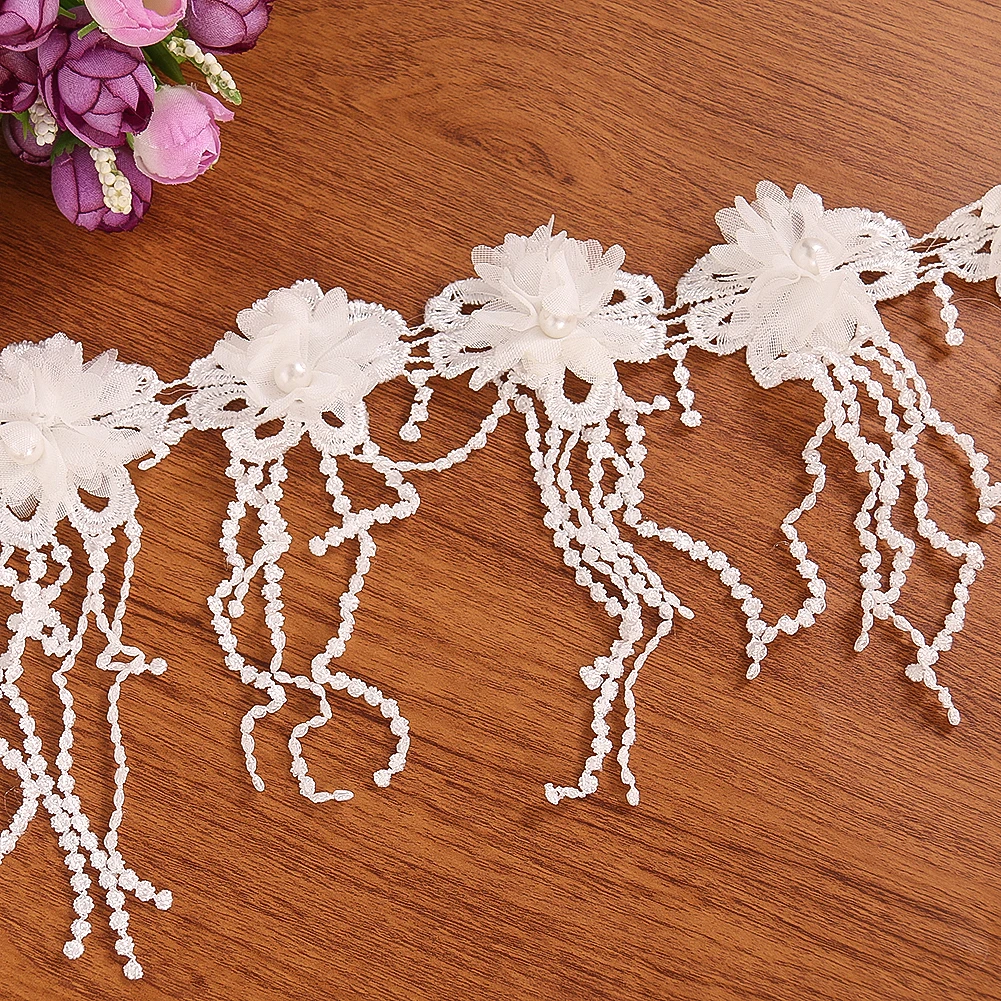 1 Yard 3D Flower Pearl Beaded Lace Tassel Edge Trimming Ribbon Fabric Applique Sewing Craft Wedding Bridal Dress Party DIY Decor