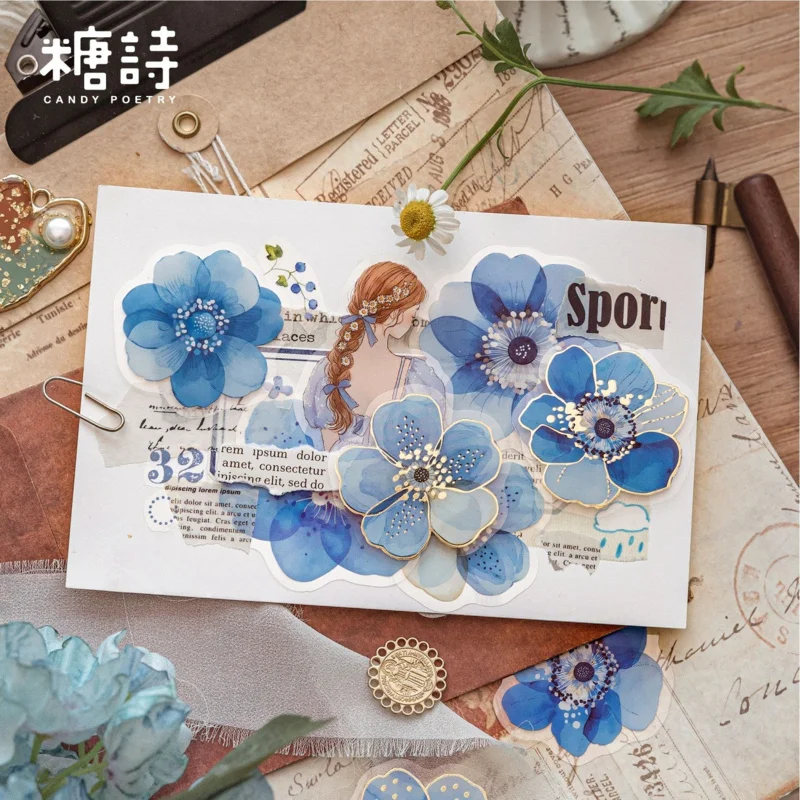 40 Sheets Vintage Gorgeous Flower Gold Foil PET Stickers, Transparent film with gold-trimmed flowers - view 4