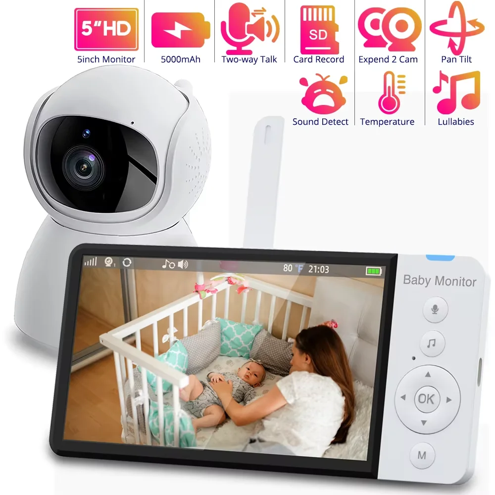 

5''IPS Screen Pan-Tilt-Zoom Camera Video Baby Monitor with 5000mAh Battery 2-Way Talk Night Vision Temperature Lullabies