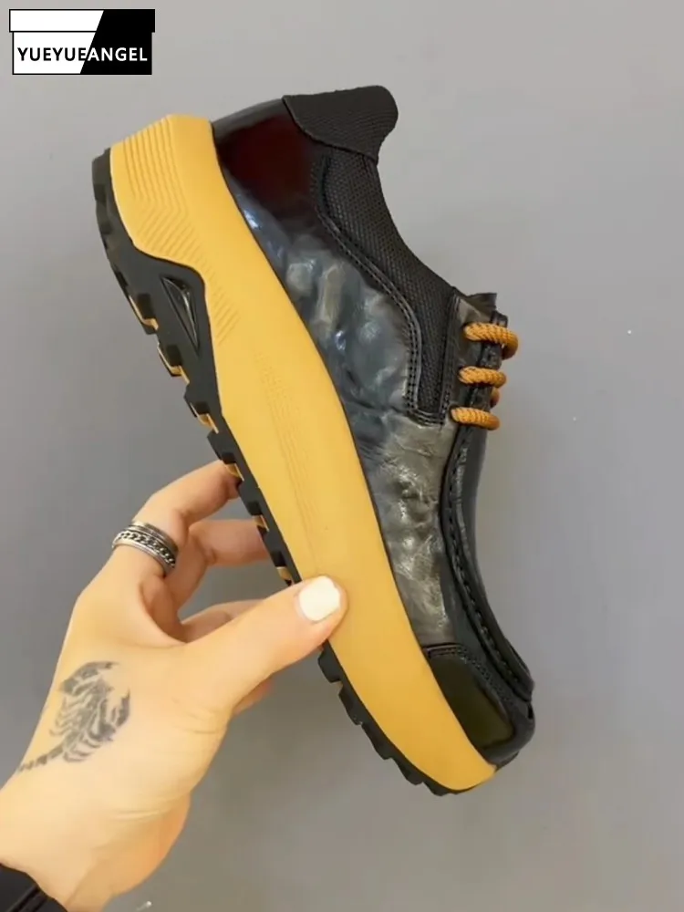 Autumn Genuine Cow Leather Spliced Men Casual Shoes Fashion Thick Soled Low Cut Footwear Business Round Toe Lace-Up Sneakers