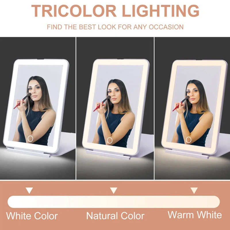 Cermin rias Led perjalanan portabel dapat dilipat, cermin rias lampu Led dengan layar sentuh peredupan merah muda putih USB dapat diisi ulang untuk kamar tidur