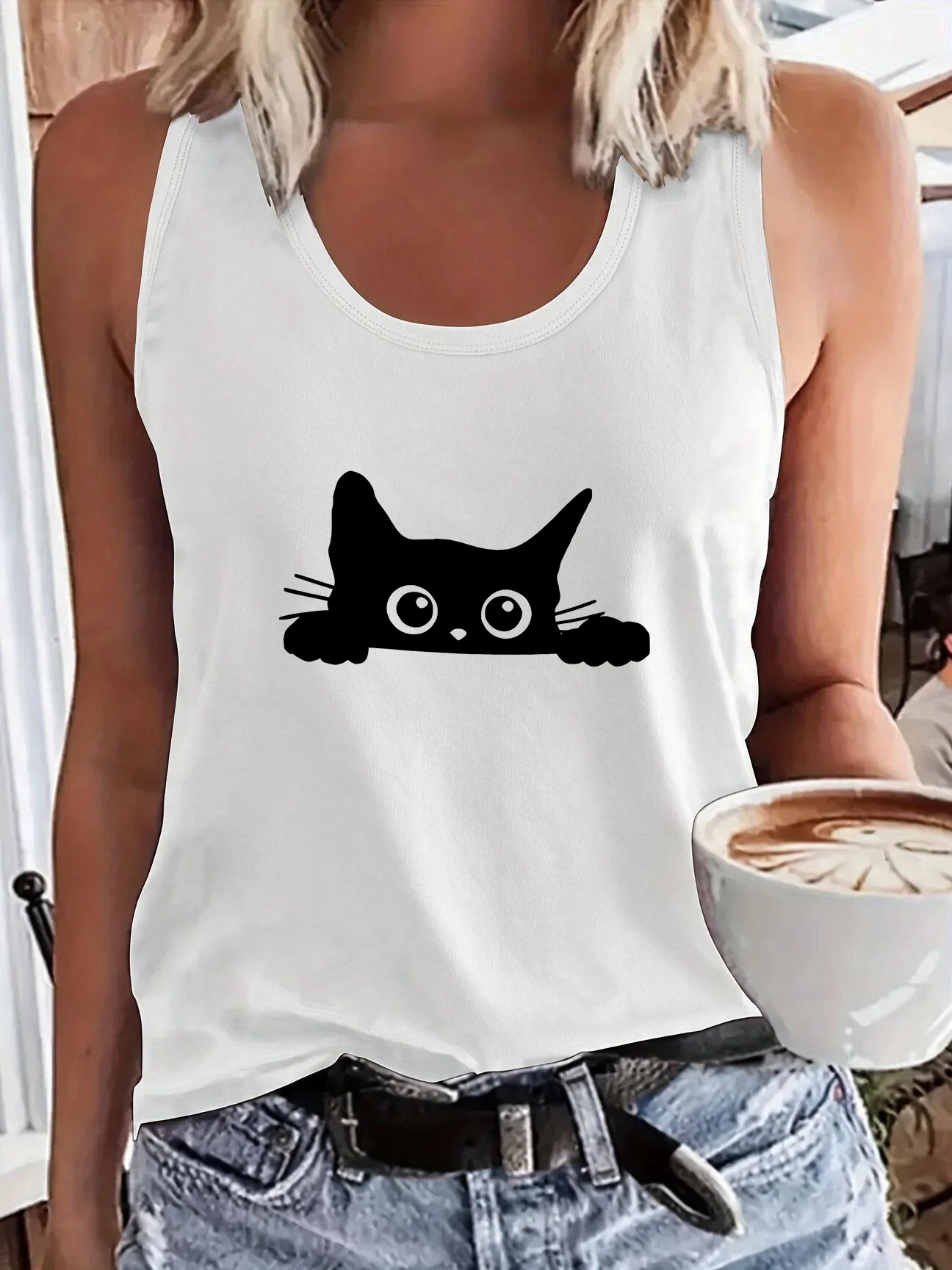 Women's Y2K Vintage Balck Cat Print Vest T-Shirt Funny Sleeveless Tank Tops with Kitten Design Trendy Style T Shirt Clothes 90s