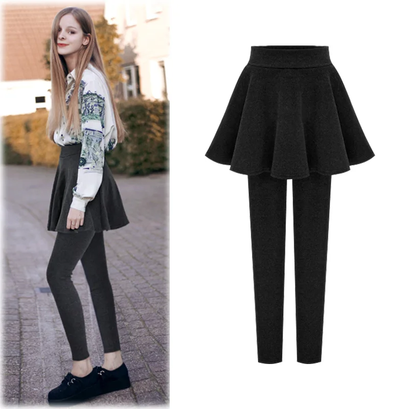 Winter Fleece-Lined Skort for Women 2-in-1 Warm Leggings with Flared Skirt Design