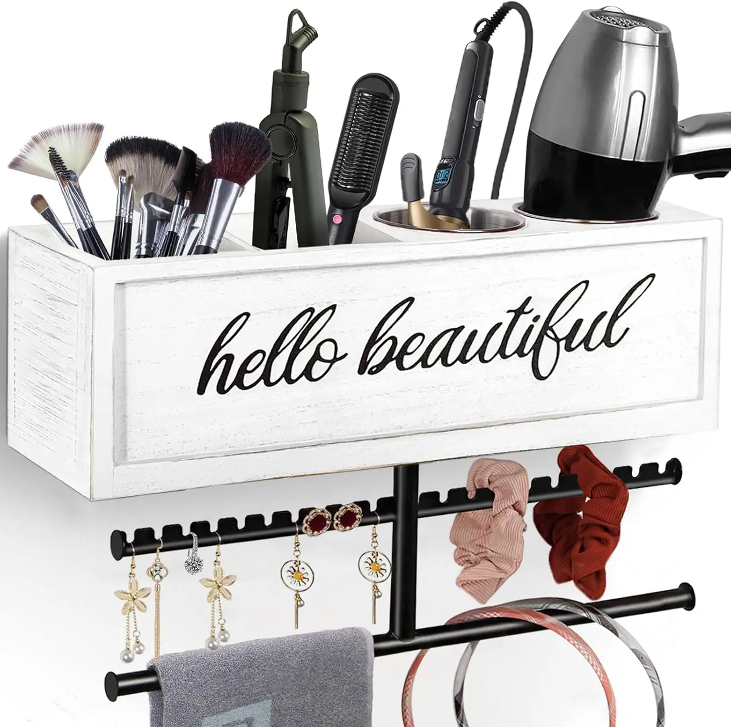 

Настенный держатель для фена в деревенском стиле, органайзер для стайлеров и принадлежностей для ванной, место для хранения выпрямителя и плойки