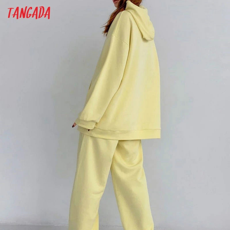 Tangada Women Tracksuit Sets Yellow Oversized Sweatshirt Hoodies Cotton Suit 2 Pieces Sets Hood Tops and Pants 6L39