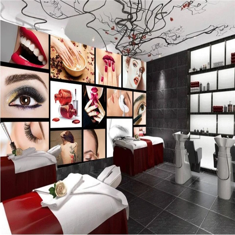 custom 3D Europe and America fashion beauty salons semi permanent facial brow lip nail mural wallpaper Store background wall 8d