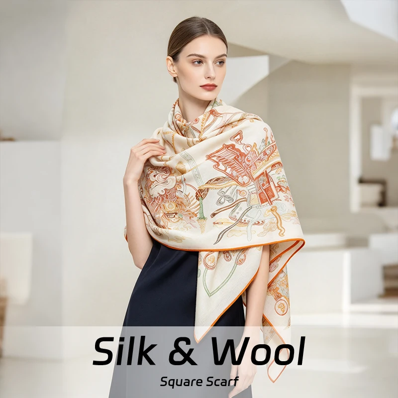 Autumn and Winter Warm Scarf 30% Pure Natural Silk+70% Wool 130x130CM Double-sided digital printing orange shawl pashmina scarf