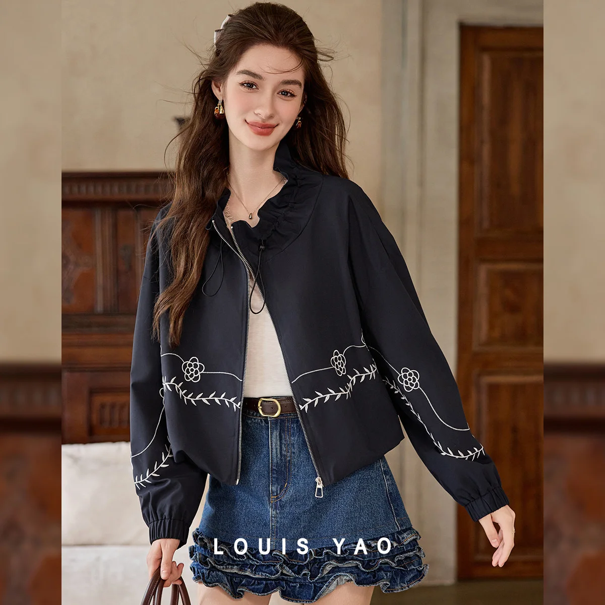 

LOUIS YAO Color Contrasting Embroidered Stylish Women's Jacket 2025 Autumn Elegant Cardigan Drop-Shoulder Woven Jacket