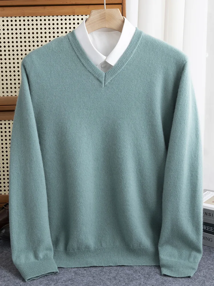 2024 Autumn Winter Men V-neck Wool Sweater Long Sleeve Pullover 100% Merino Wool Knitwear Smart Casual Basic Cashmere Clothing