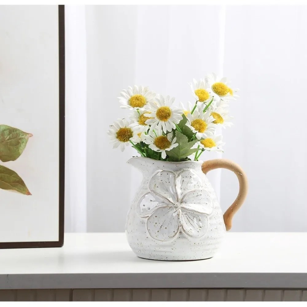 Floral Embossed Polka Dots Ceramic Vase Retro with Handle Tableware Racks Farmhouse Style Luxury Flower Ware Bedroom Decoration