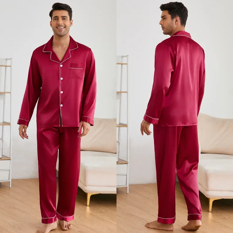 New Men\'s Silk-like Pajamas Suit Wedding Clothes Red Long Sleeve Trousers Spring Autumn Home Clothes Skin-friendly Sleepwear