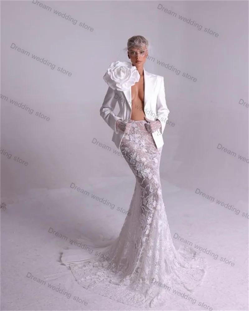 White Women Suit Skirt Set 2 Piece Blazer+Lace Mermaid Prom Dress Formal Office Lady Jacket 3D Flower Customized Wedding Coat