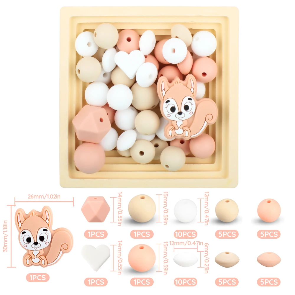 45pcs/Set Squirrel Silicone Beads Baby Round Heart Focal Beads Chew Set Food Grade DIY Pacifier Chain Clips Accessories