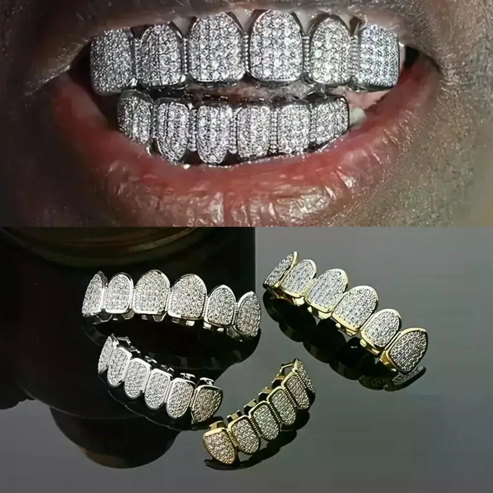 Teeth Grillz Set for Unisex Top Bottom Mouth Silver Color Teeth Grills Tooth Cap Removable Dental Fashion Body Jewelry