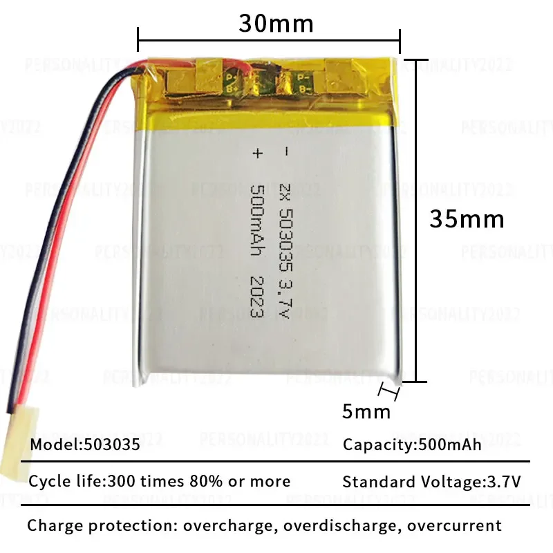 Rechargeable 503035 LiPo Battery 3.7V 500mAh Lithium Polymer Replacement Cell for Bluetooth Headset Audio Pet Drinker