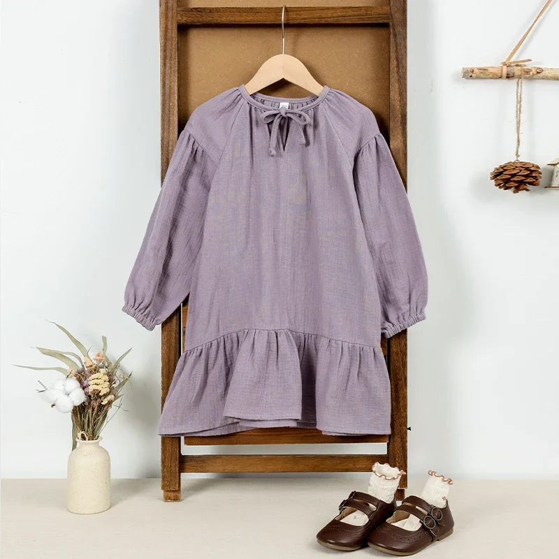 Girls' Lace-Up V-Neck Long-Sleeved Ruffled Dress 2026 New 100%Cotton Gauze Muslin Casual Loose Children's Dresses Autumn Clothes