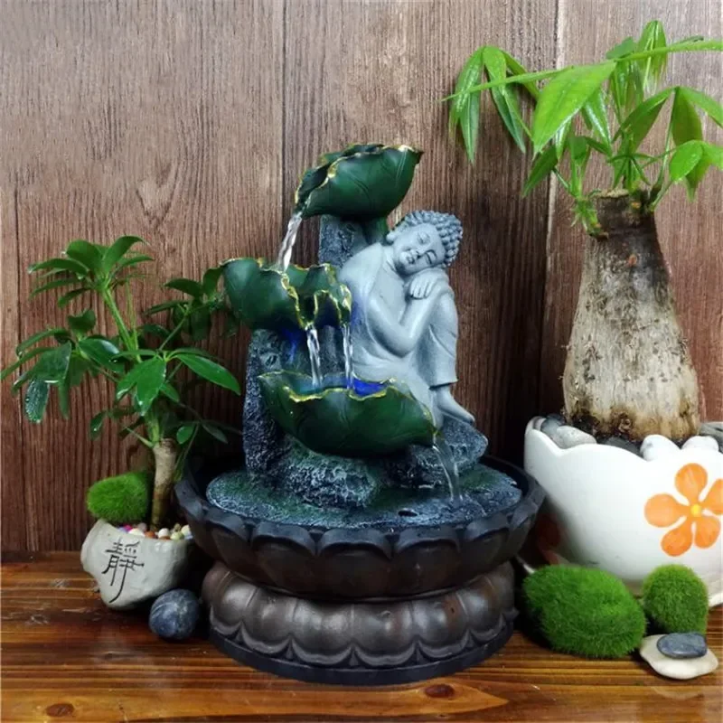 Hand Made Sitting Sleeping Buddha Statue Running Water Led Fountain Zen Living Room Feng Shui Waterscape Ornaments Home Crafts