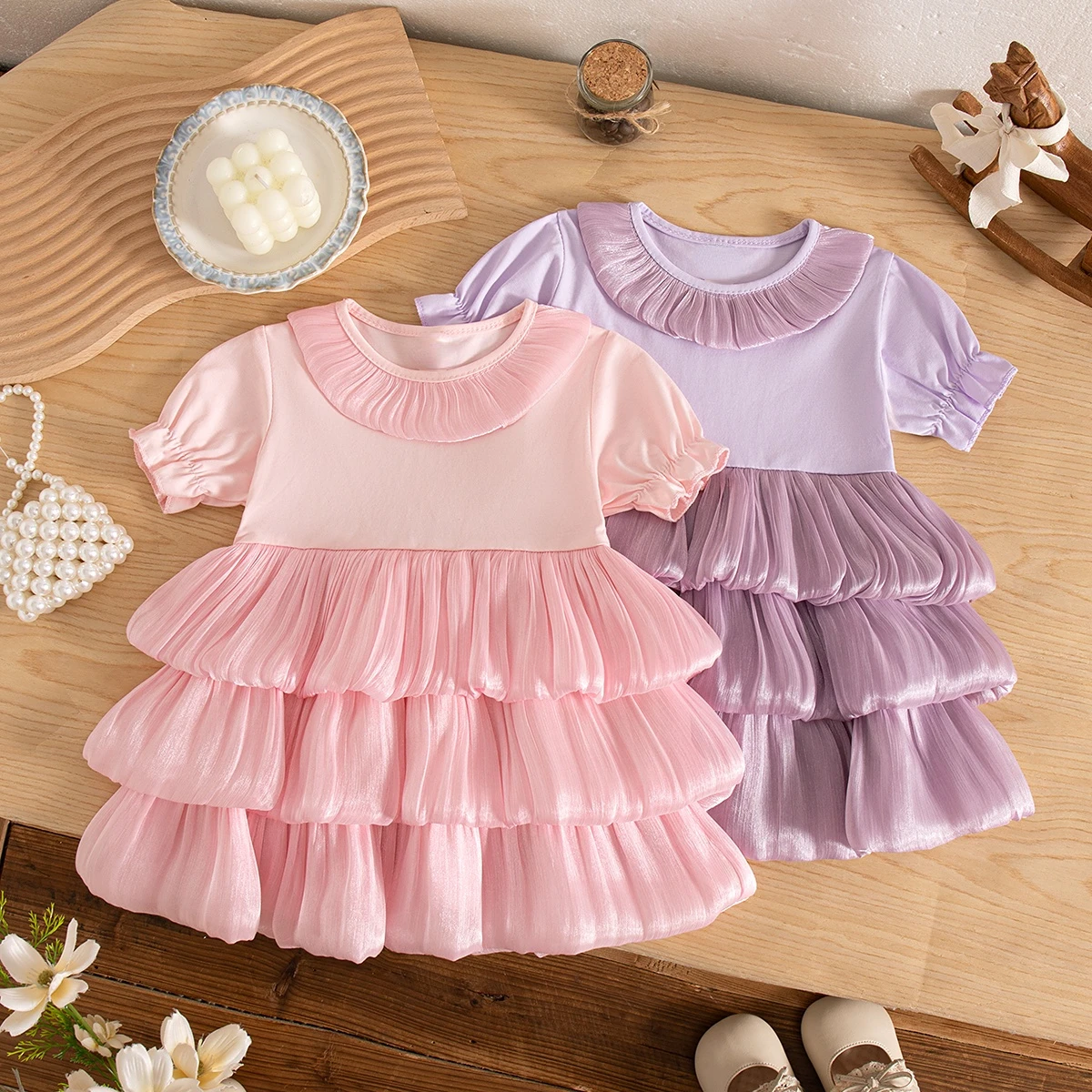 Summer Toddler Girl Dress Sweet Princess Style Pink Puff Sleeve Tiered Cake Dress for Girls Formal Party Birthday Outfit