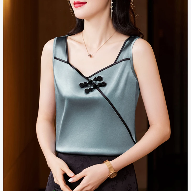 Débardeur en Satin de soie de style chinois pour femmes, gilet sans manches, chemise Patchwork, col carré, Camisole, nouvelle collection 2025