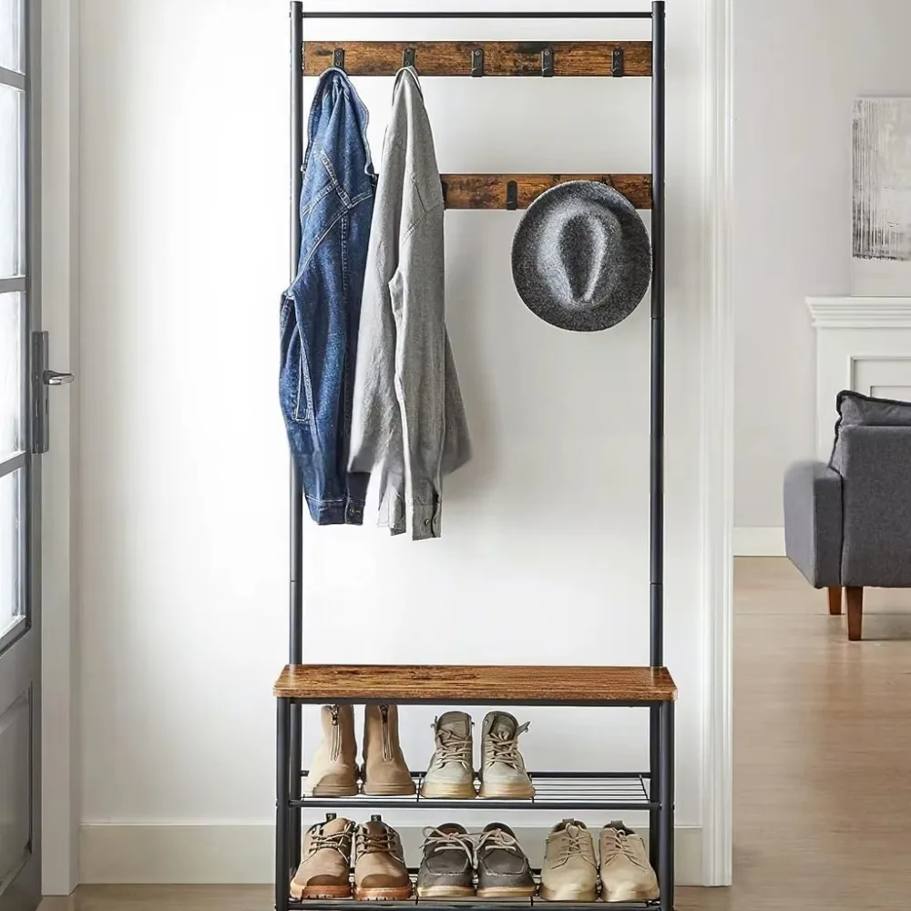 Cross-border Standing 3-Layer Metal Storage Rack with Shoe Bench Hooks Side Shelf Entryway Living Room Coat Rack Hanging Clothes