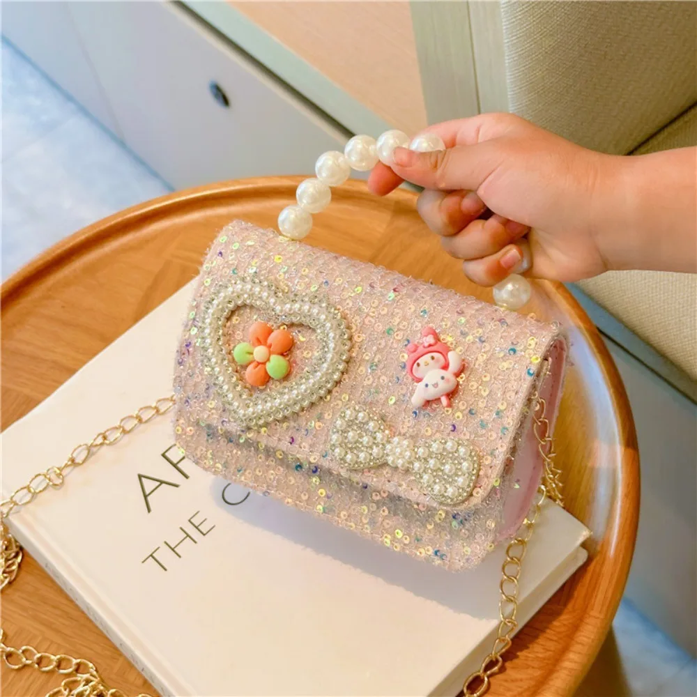 2024 Korean Style Pearl Kid\'s Handbag Lace Bow Princess Shoulder Messenger Bag Sequin Zero Wallet Pocket Pack