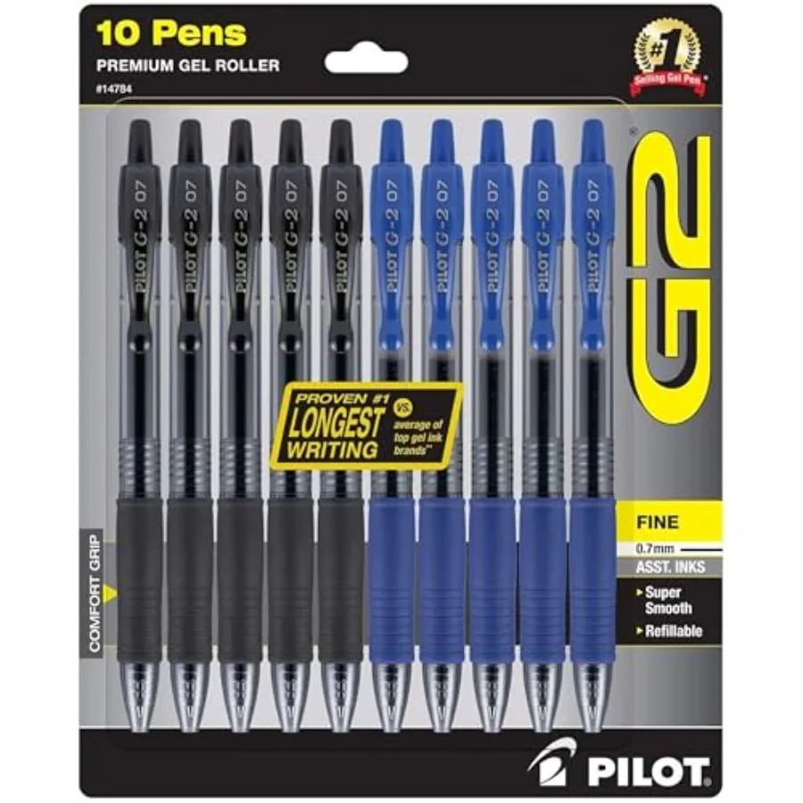 

G2 Premium Gel Pens, 0.7mm Fine Point, Refillable and Retractable Ballpoint Pens, 5 Black and 5 Blue, Pack of 10