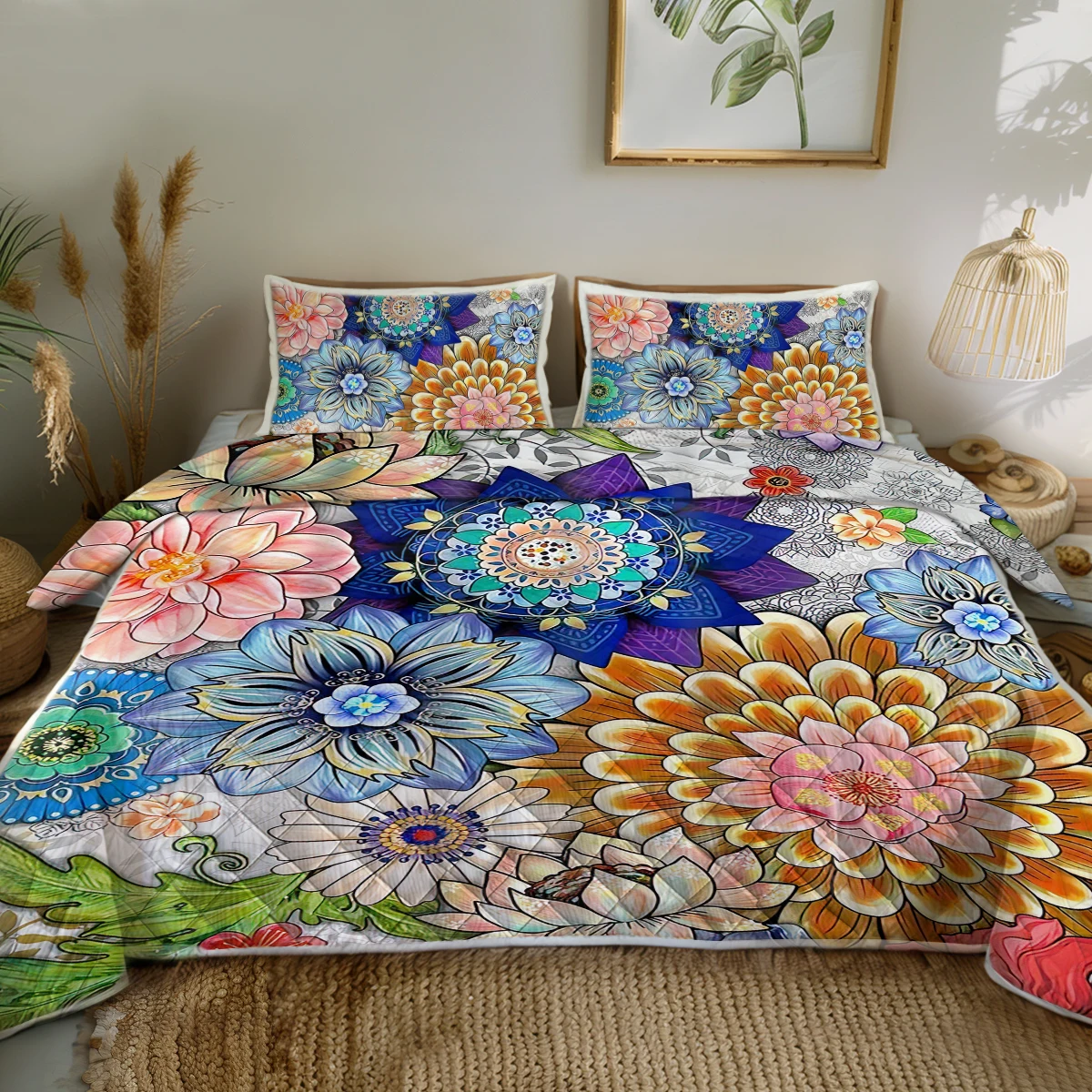 BeddingOutlet 3PCS Colorful Flower Theme Quilt Set Art Coloured Drawing Mandala Flower Printed Comforter With 2 Pilowcases