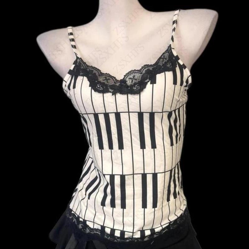 Punk Sexy Sweet Girl Sling T Shirts Summer Women Clothing Vintage Backless Piano Keys Print White Tank Top Femme Kawaii Crop Top