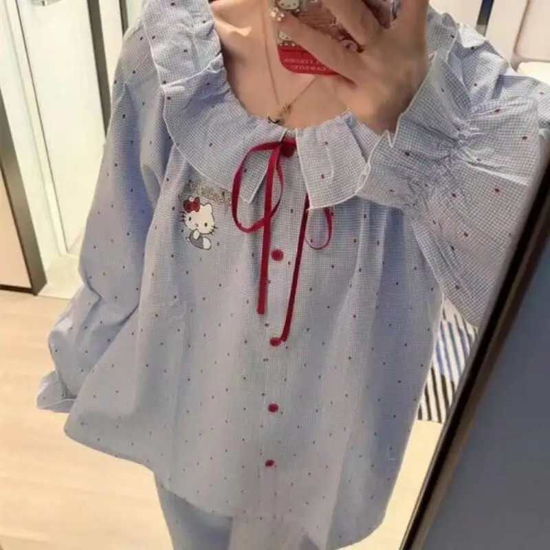 

Fashionable Cute Girl Doll Collar Pajamas Cartoon Anime Student Lace Long Sleeved Pant Home Clothe Two-Piece Set Sweat Absorbing