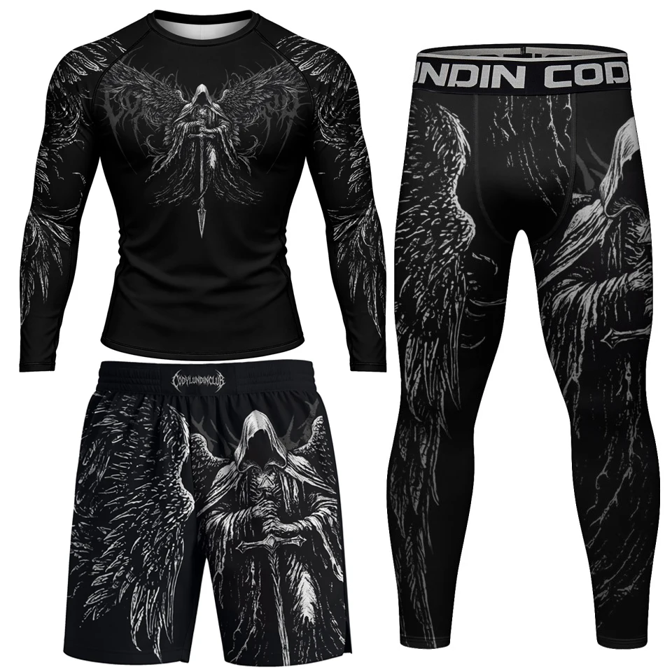 No Gi Bjj Rash Guard MMA T-shirt+Short Sets  Jiu Jitsu Rashguard For Men Grappling Muay Thai Training Boxing Jereys Sportswear