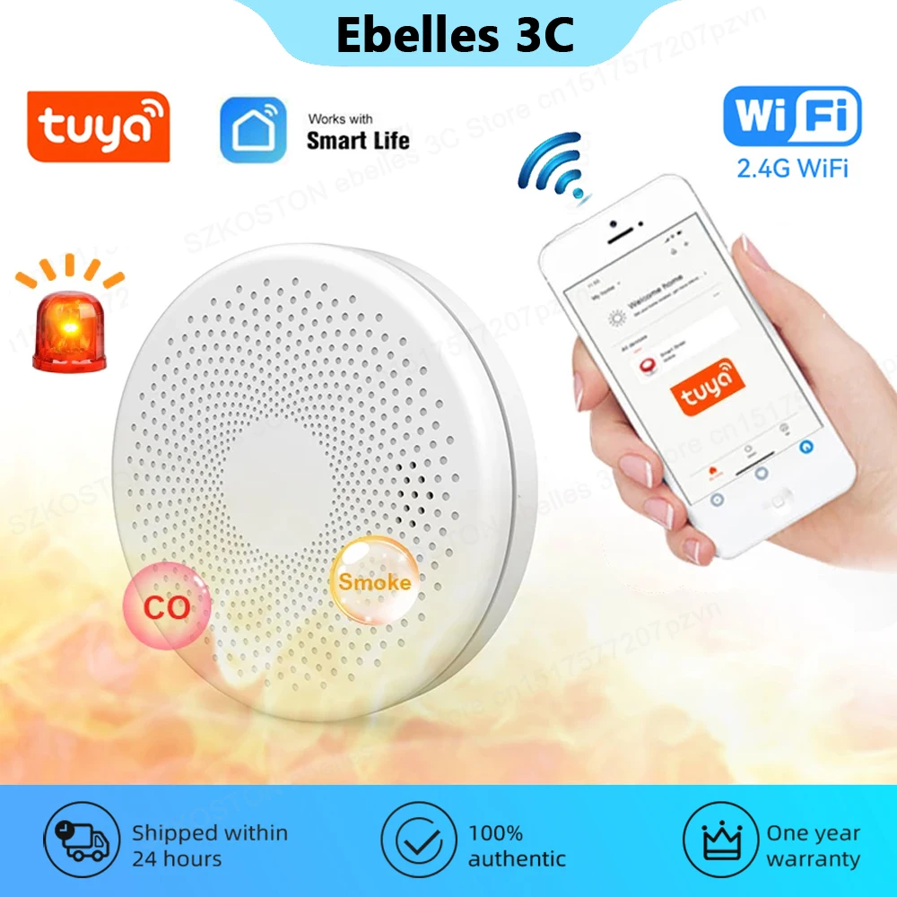 Tuya Smart Home WiFi 2 in 1 Carbon Monoxide Alarm Smoke Detector Smart Life APP Alert Fire Sound Alarm Security Protection