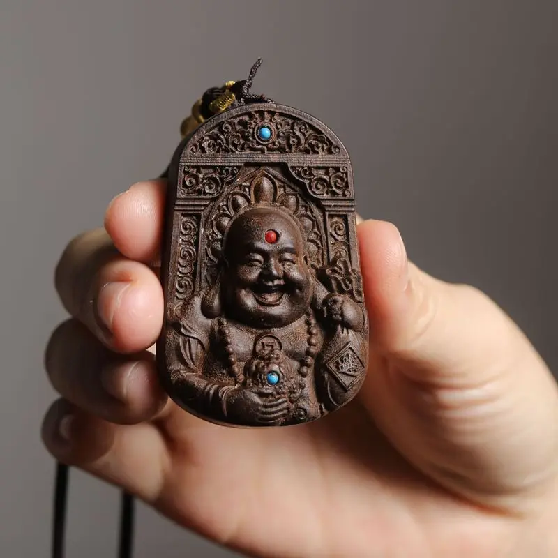 Agarwood pendant with Maitreya Buddha inlay, double-sided finely carved, suitable for the zodiac year, wooden ornament
