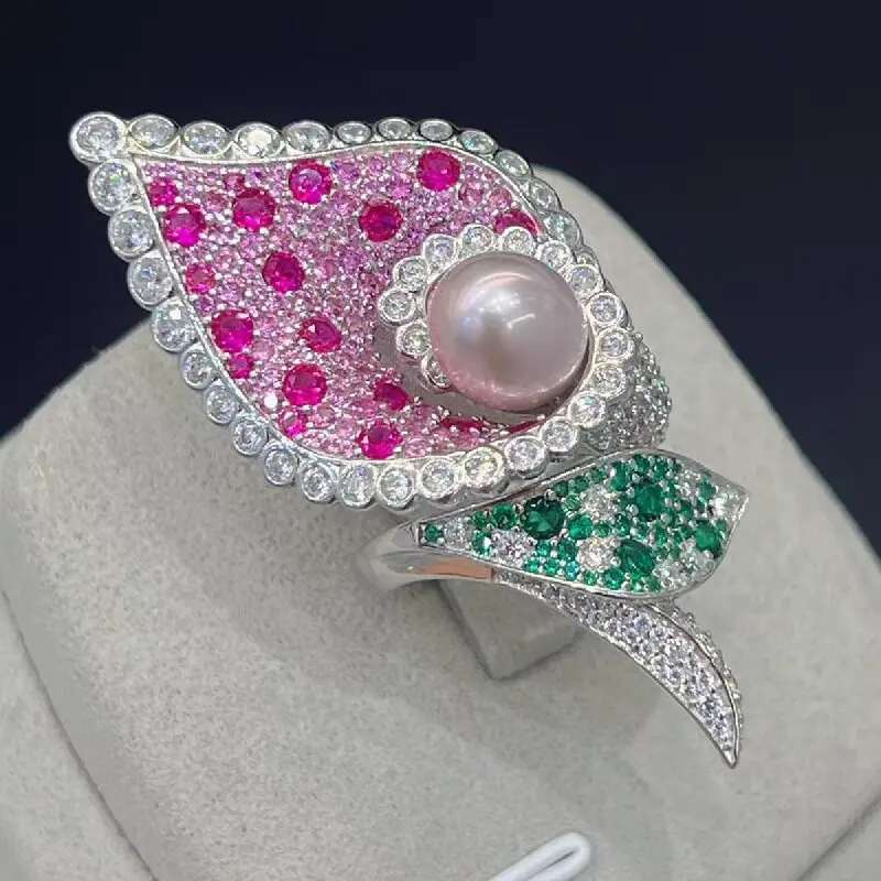 

KQDANCE Открытое кольцо из стерлингового серебра 925 пробы с пресноводным жемчугом для женщин, с лабораторно выращенным розовым сапфиром, градиентным цветком, свадебные украшения