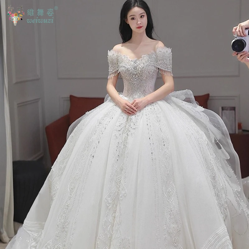 高級プリンセスドレス、ボールガウン、クリスタル、豪華なビーズ刺繍、2025年ラグジュアリーブライダルウェディング、オフショルダー、メインウェディングドレス