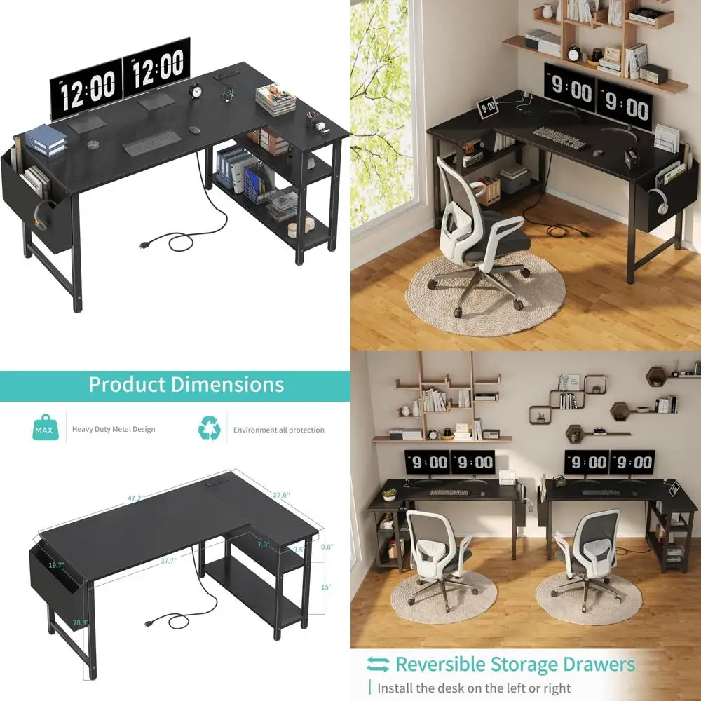 L-Shaped Computer Desk 47 Inch for Home Office, Corner Study Writing Desk with Power Outlet Shelves, Bedroom Office Furniture