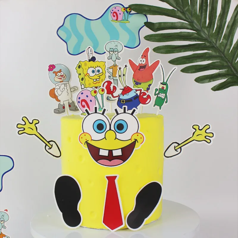 14pcs Sponge-Bob Cake Insert Topper Set Children\'s Happy Birthday Party Decoration Cute Cartoon Patrick Stars Baby Shower Supply