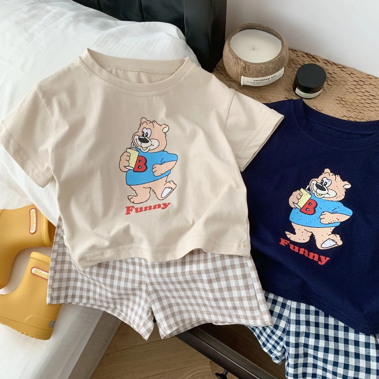 Popular Design Baby Boys T-shirt Suit Summer Clothes Cartoon Fashion Toddler Plaid Shorts Short Sleeve Set Children\'s Wear 6m-6y