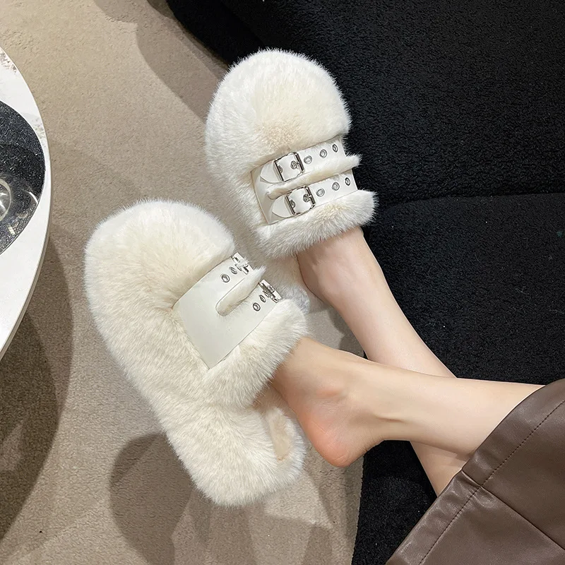 Women Winter Home Thick Sole Slippers Ladies Casual Slip On Fluffy Plush Lined Shoes Comfortable Indoor Home Slippers Size 34-40