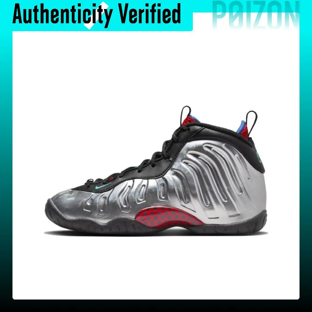 Nike Little Posite One Abrasion Resistant Breathable Mid top Basketball Shoes Men's Silver Black FJ3303-001