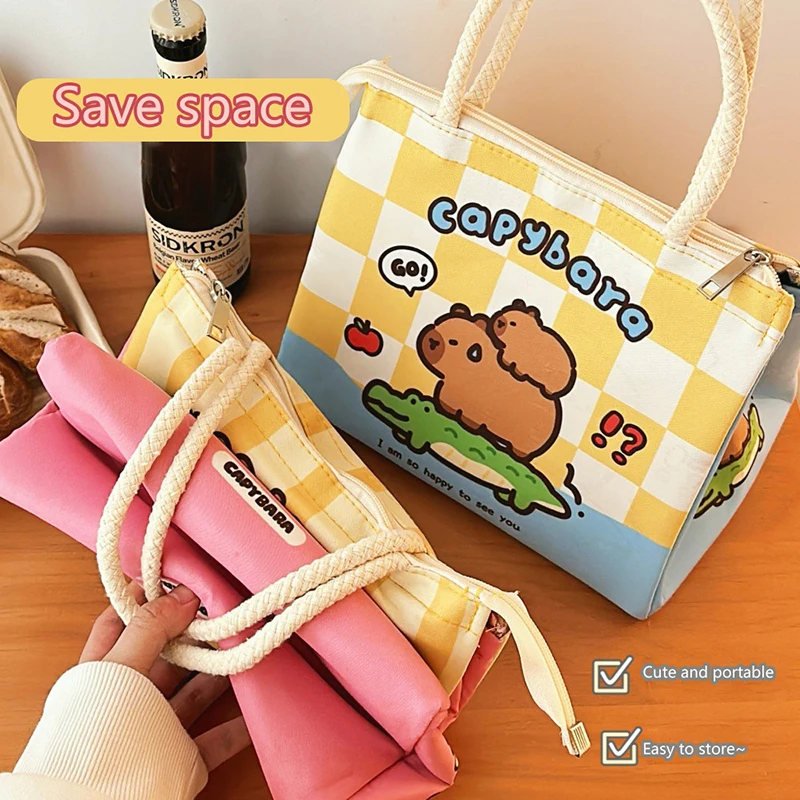 Kawaii การ์ตูน Capybara กล่องอาหารกลางวันกระเป๋าฉนวน Tote กระเป๋า Bento ถุงอาหารกลางวันสําหรับหญิงสาวแบบพกพา Thermos กระเป๋าของขวัญ