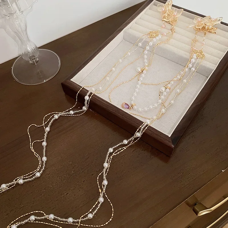 جديد النمط الصيني الراين زهرة مقاطع الشعر تقليد اللؤلؤ شرابة طويلة دبابيس الشعر الأصلي منقار البط كليب Hanfu اكسسوارات #5