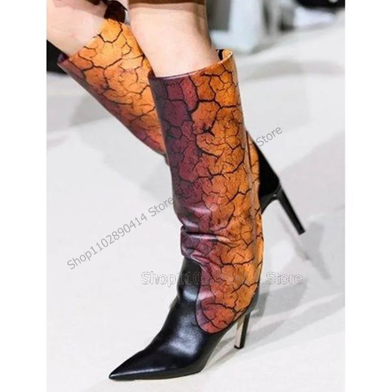 Ink Wash Painting Print Gray Pointed Toe Boots Slip On Women Shoes Thin High Heels Novel Fashion Party 2024 Zapatos Para Mujere