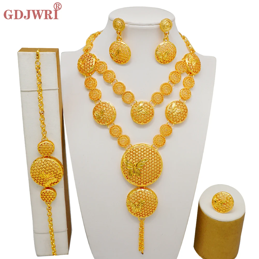 

Indian Dubai Gold Color Round Butterfly Jewelry Set For Woman Ethiopian African Bridal Necklace Earrings Bracelet Ring Jewellery