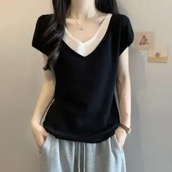 2025 Summer Large Size Women New Fake Two-piece V-neck Short-sleeved T-shirt Loose Cool Slimming Top