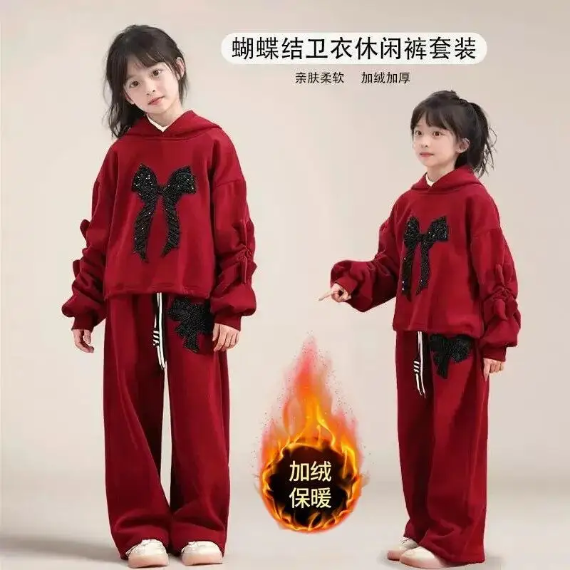 

Kawaii Girl Fashion Sweatsuit Pants Set Student Winter Casual Keep Warm Hooded Tops Long Pants 2-Piece Set Children's Clothing
