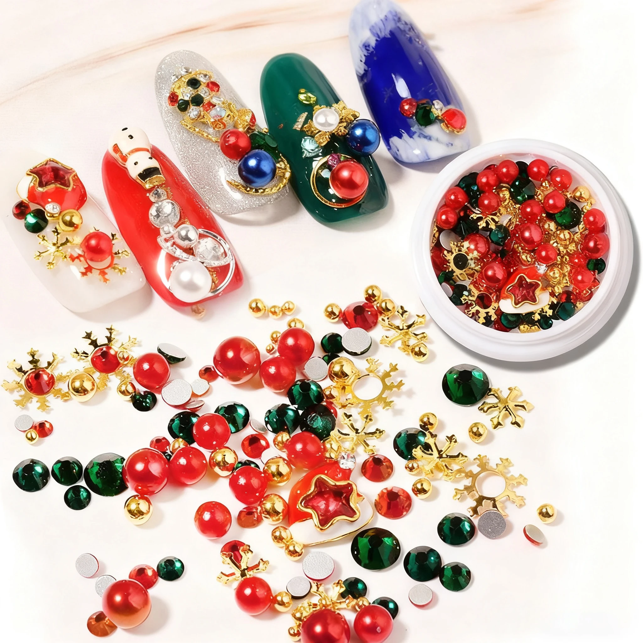 1 scatola di decorazioni natalizie per unghie in metallo di dimensioni miste fiocchi di neve 3D perle di Natale verde rosso oro perline per unghie accessori per manicure