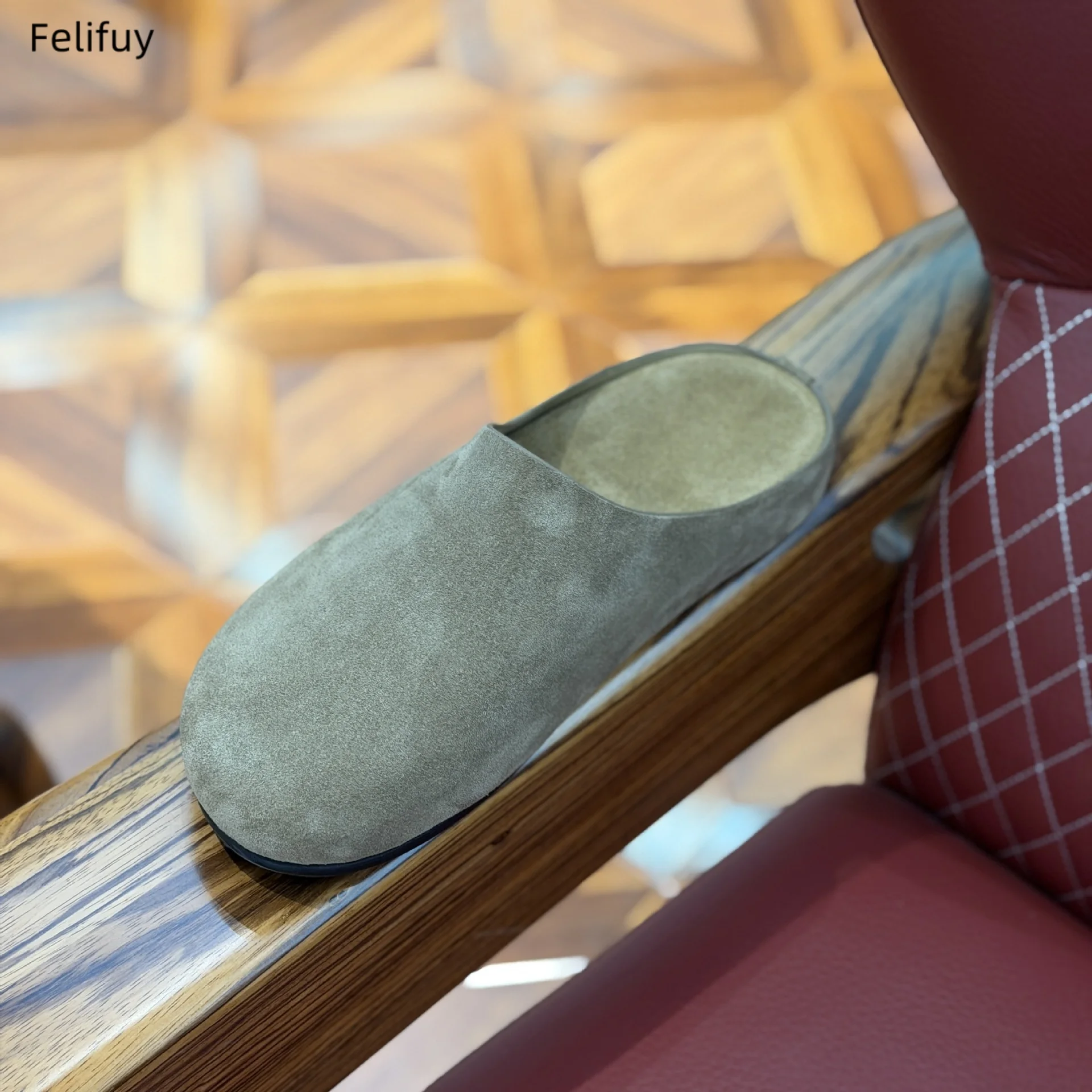 New Men's Slippers Closed Toe Round Toe Cow Suede Boken Shoes Autumn Genuine Leather Retro Flat Bottom Men's Slingback Shoes